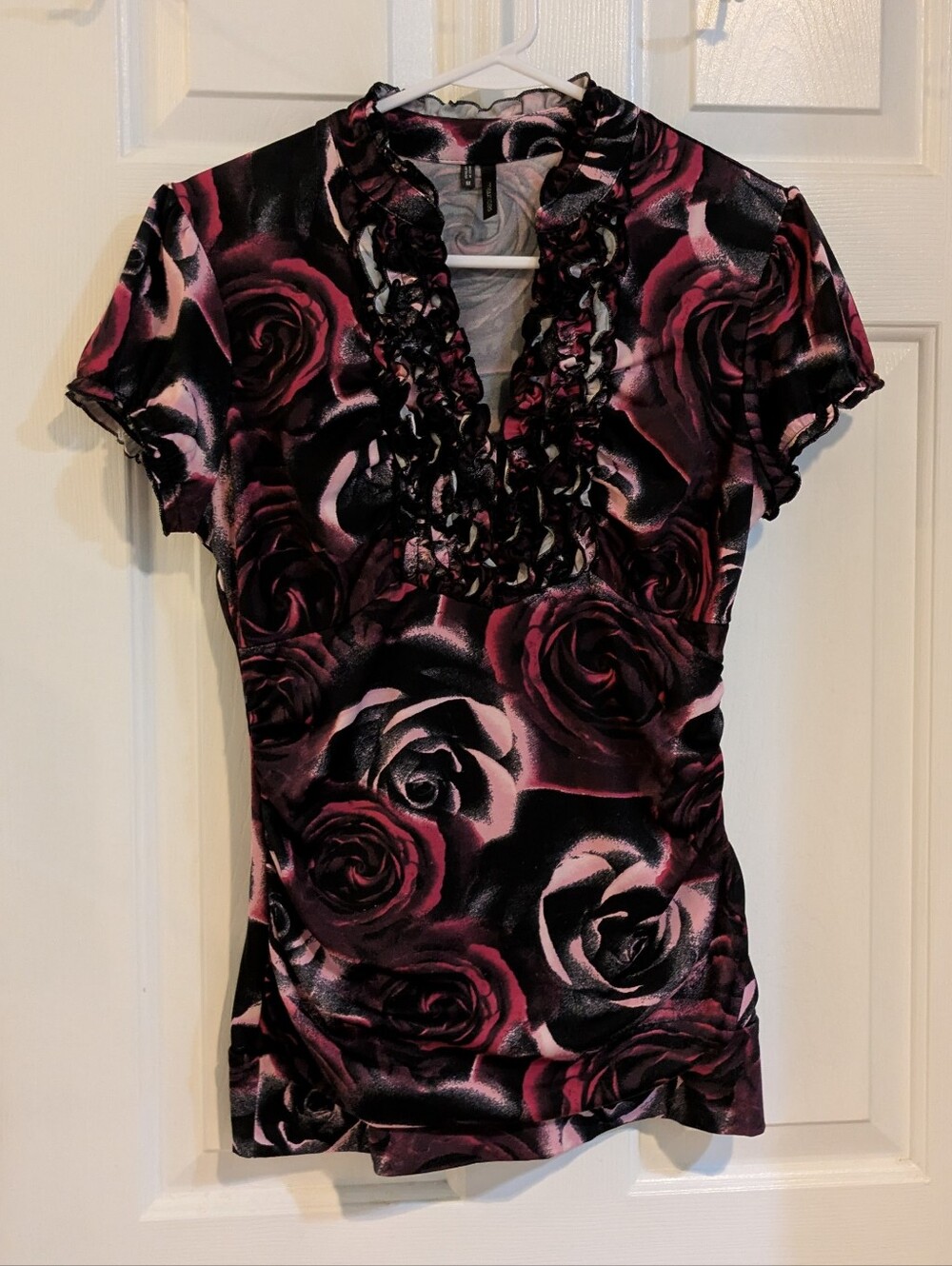 Maurices Black and Burgundy Rose Print Ruffle V-Neck Blouse